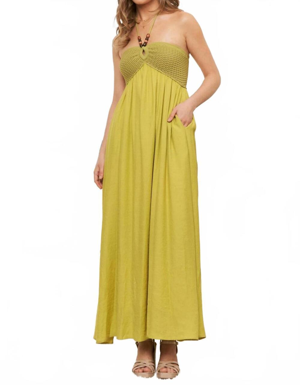 NEW SWEET GENERIS crochet contrast beaded halter neck maxi dress in lime
